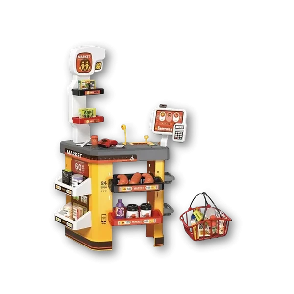 سوبر ماركت مع سلة التسوق يتميز بالإضائة والموسيقى